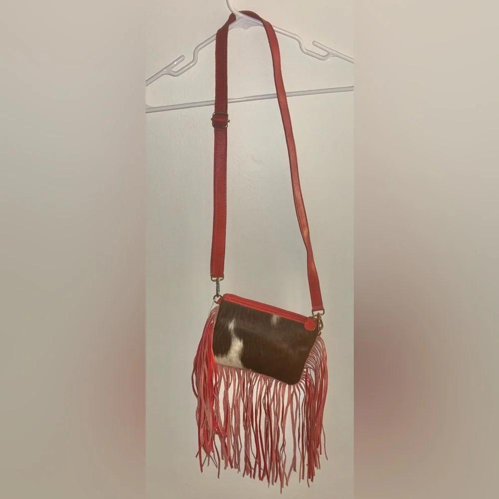 New Genuine Leather Cowhide Tooled Cross Body Fringe Purse Red Brown Western